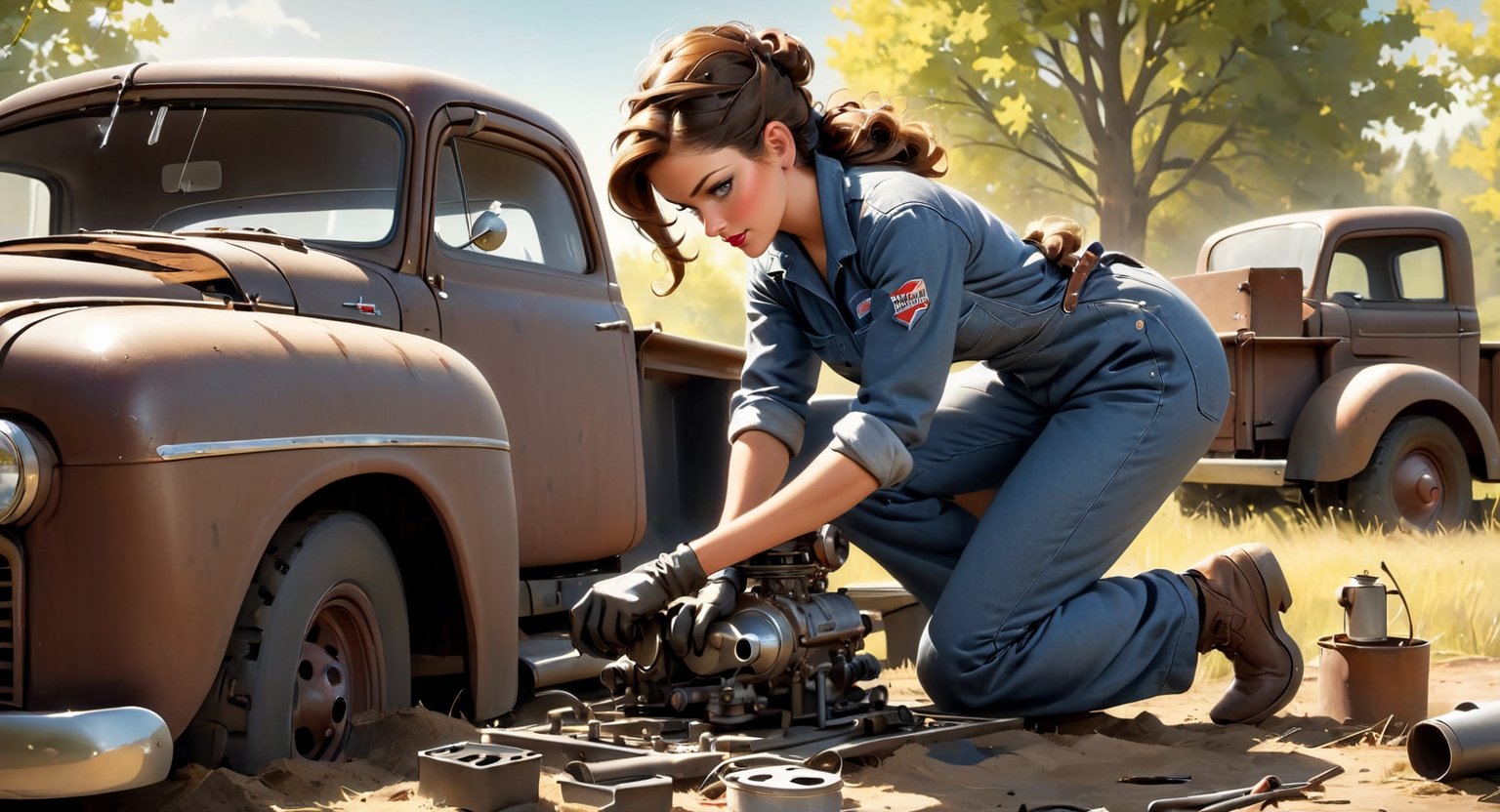 Mechanic model woman working on a classic truck: Dressed in vintage coveralls,  repairing the engine of an old pickup truc...