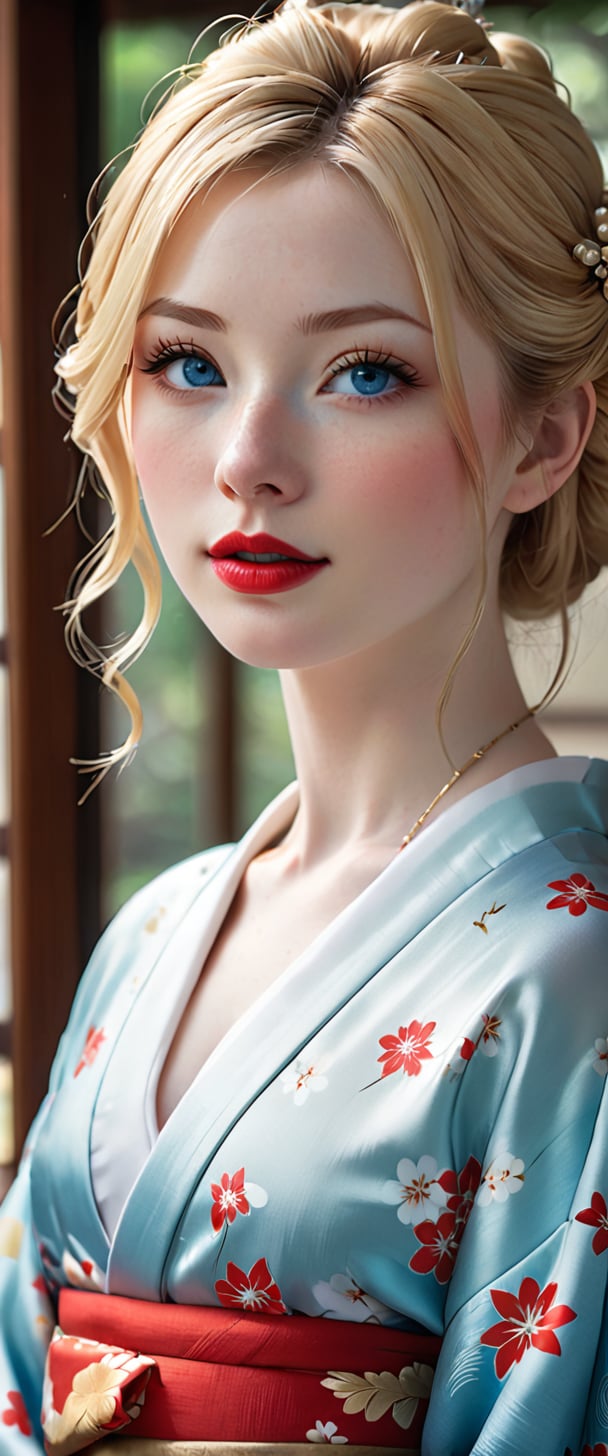 1girl, solo, looking at viewer, blue eyes, blonde hair, hair ornament, upper body, parted lips, japanese clothes, kimono, lips, pale skin, freckles, realistic, nose, red lips