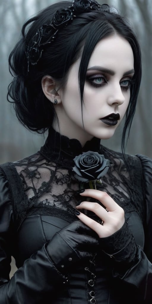 Highy detailed image, cinematic shot, (bright and intense:1.2), wide shot, perfect centralization, side view, dynamic pose, crisp, defined, HQ, detailed, HD, dynamic light & pose, motion, moody, intricate, 1girl, (((goth))) holding a black rose, attractive, clear facial expression, perfect hands, emotional, hyperrealistic inspired by necronomicon art, my baby just cares for me, fantasy horror art, photorealistic dark concept art
,goth person