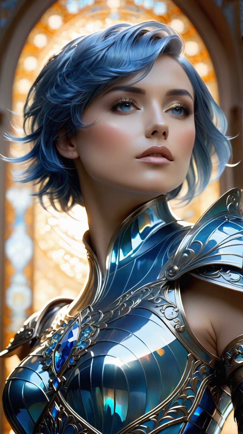 beautiful female warrior, short blue hair, shimmering jewels armor, in the style of Alfons Mucha, with emphasis on light play and the transparency of the glass, High and short depth of field, Ray tracing, FHD, hyper quality