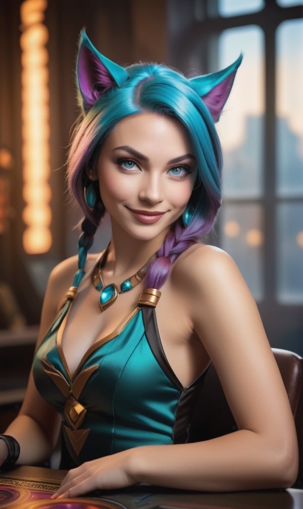 solo portrait photo of model woman as a real life version of open office fantasy background,  charming smirking by Alphons...