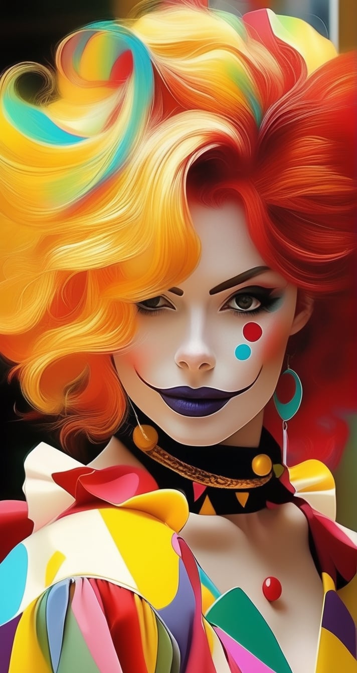 a woman dressed as a clown with red hair, in the style of magical girl, colorful moebius, light yellow and dark crimson, pencilsteampunk, kintsukuroi, loose and fluid, stylish costume design