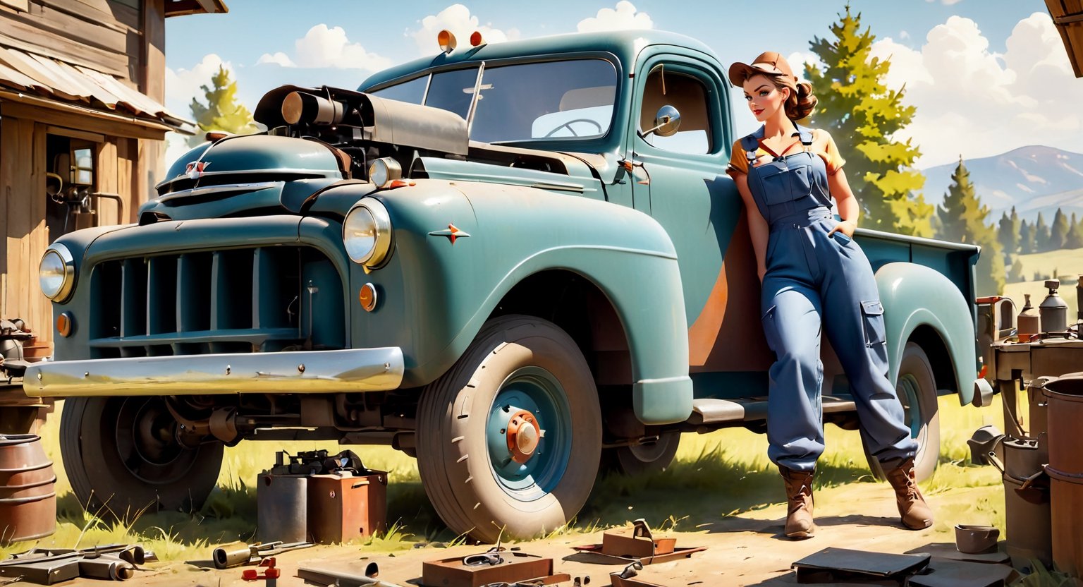 Mechanic model woman working on a classic truck: Dressed in vintage coveralls,  repairing the engine of an old pickup truc...