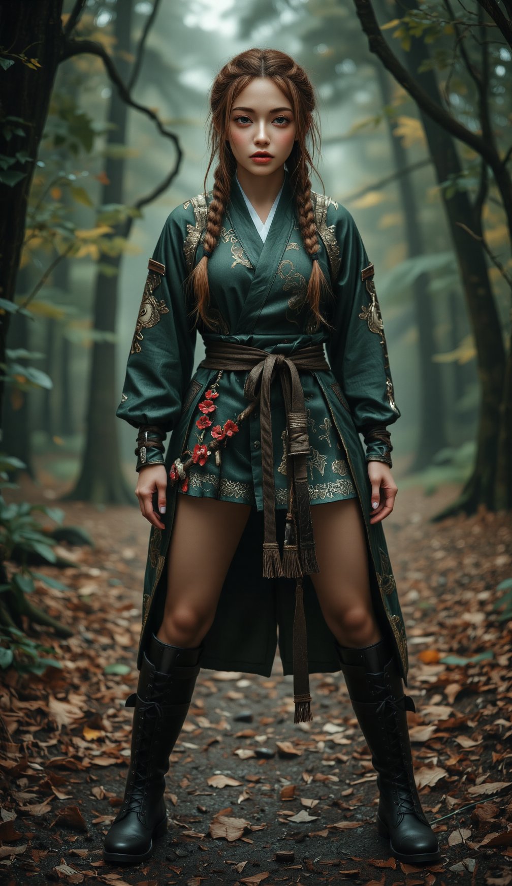 Woman with braids,  samurai very sexy wearing a green tunic and combat boots,  ready for battle in an enchanted forest. by...