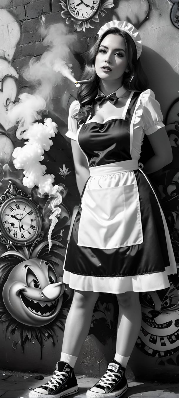 1girl, solo, long hair, breasts, dress, cleavage, (((Alice in Wonderland))) jewelry, medium breasts, (((monochrome))), closed eyes, greyscale, ((converse shoes))), socks, apron, hand on hip, maid, makeup, sneakers, smoke, spot color, (((smoking weed))) Grafitti in the wall