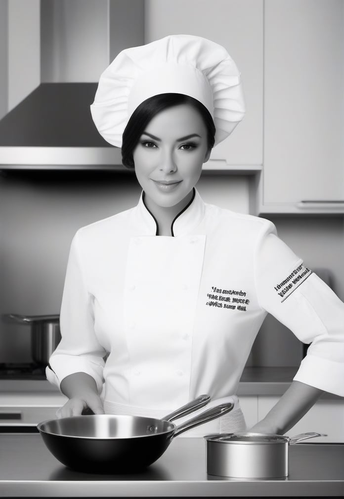 /imagine prompt: Subject: A passionate woman chef Purpose: Portrait Mood: Curious Style: Black and white Background: Kitchen Create striking and focused portraits of a passionate chef in simple black and white compositions. Play with shadows and highlights to capture the essence of the subject. Use the kitchen as a minimalistic background to emphasize the raw emotions and the culinary mastery of the chef. -