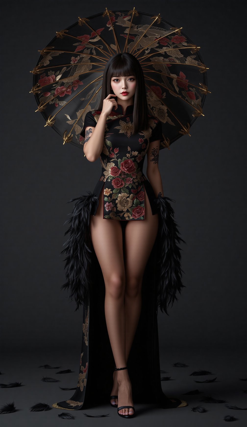 Beautiful Girl holding Chinese umbrella full body and with black Cheongsam, full body , sexy body and A lot of feather fell down., beautiful , girl , tattoo , Her face looks like an Asian girl , bangs, long hair ,straight hair,black hair, red lip , Cheongsam and high-heels, full effect ,Dark tones , 3D rendering, UHD , Detailed images, SamuraiArt,aidmaMJ6.1