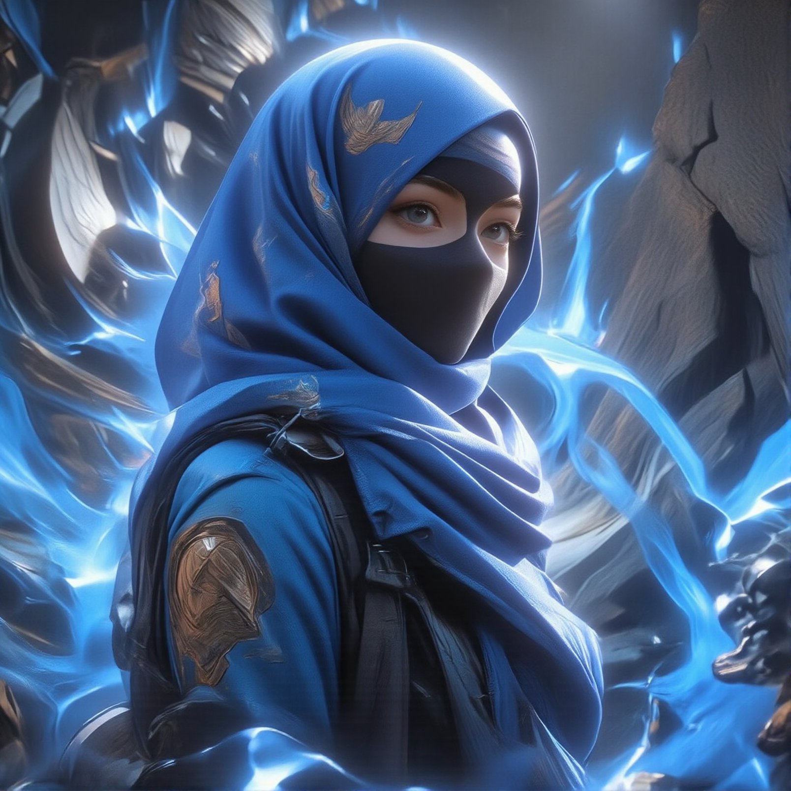 A female ninja captured in a moment of Temporal Flux, where past, present, and future converge. Use a palette of steel gray and royal blue to highlight the temporal distortions and ethereal timelines