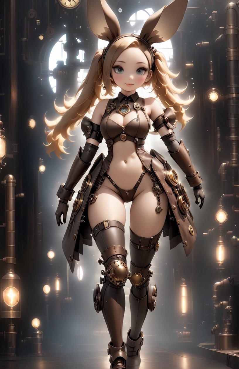 Japanese anime style steampunk illustration、Dimly lit luxury club at midnight,Mechanical prosthetics that only glow under incandescent lights,Comes with steampunk-style mechanical prosthetics and steampunk-style legs、steampunk bunny headband、Steampunk Bunny Suit with Chest Exposed Shirt,Highlight the slender and transparent crotch、medium chest circumference、Beautiful robot girl serving customerix the hands
,steampunk style