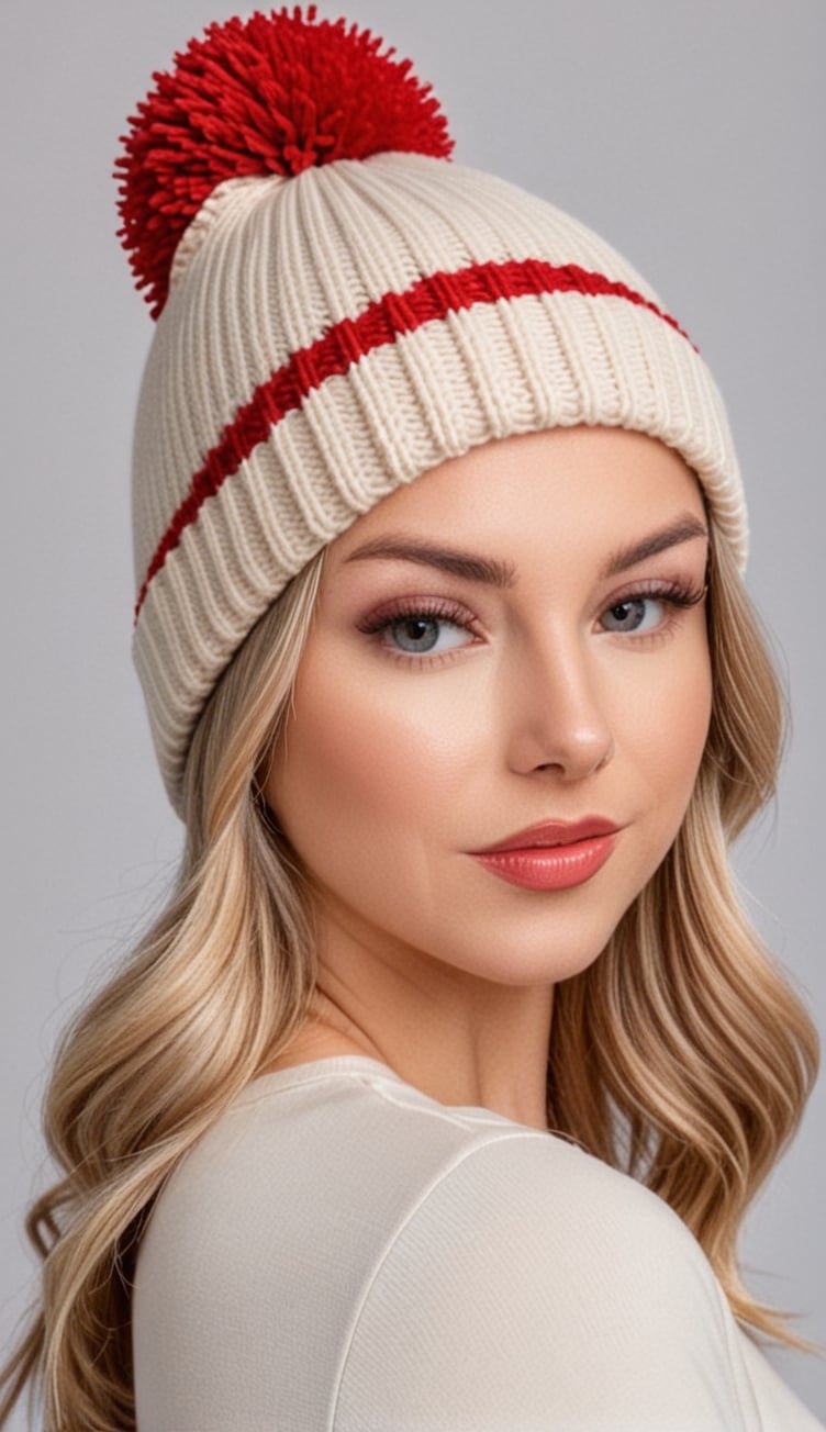 A woman in a knitted hat with a pom pom, white and beige (((red border color)))