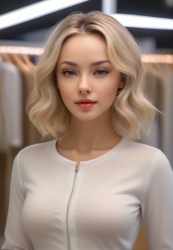 a (selfie) of a pretty russian 1girl, Skin luster, Rembrandt lighting, wearing counseling psychologist outfits, (infrared hair, retriever hair), Various postures, embarrassed, small breasts, in the (clothing store), her peaceful expression and gentle breathing create a calming atmosphere, natural skin texture, hyperrealism, hdr, hyperdetailed, RAW photo, photorealistic, best quality, highres, realistic, 8k, caustics, dynamic light, beautiful and delicate lips, delicate fingers, detailed pupil, real human skin