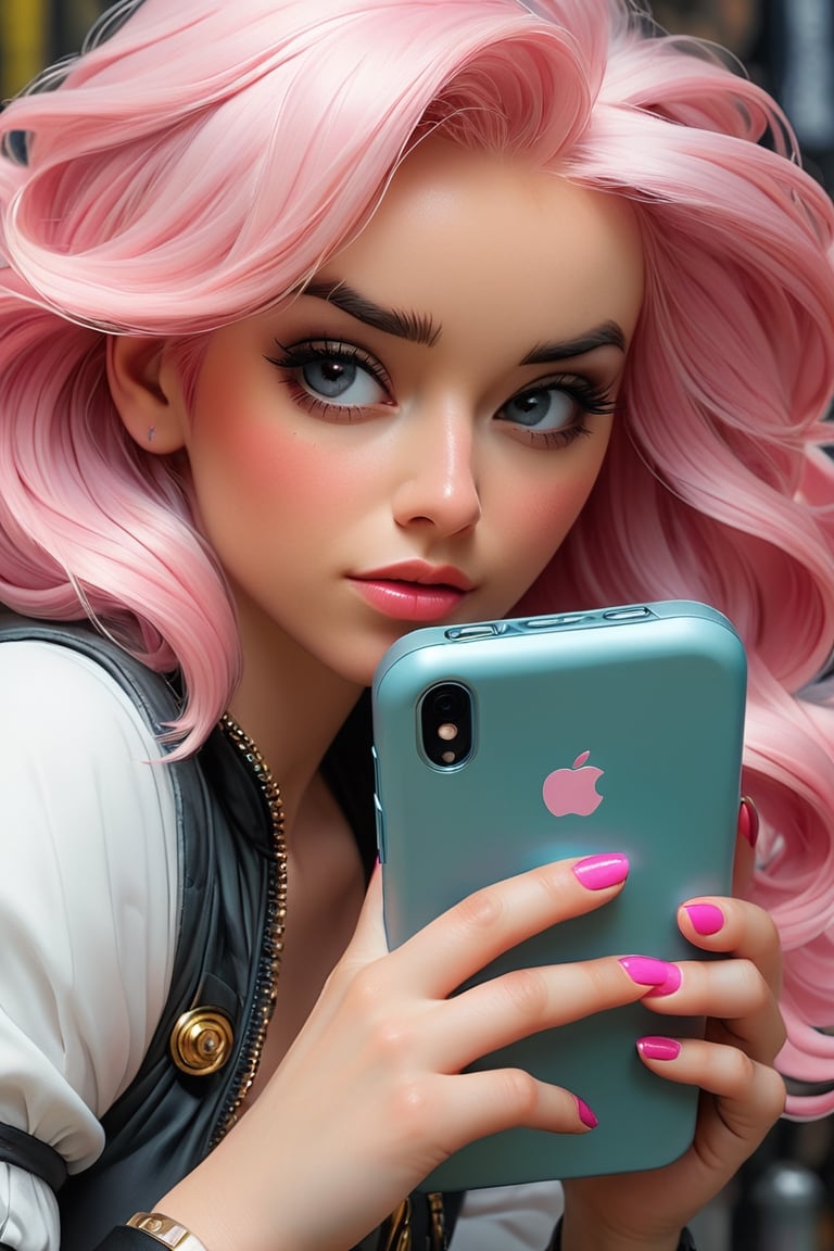 a close up of a woman with pink hair holding a cell phone,  artgerm and james jean,  artgerm detailed by BooAImagery on Te...
