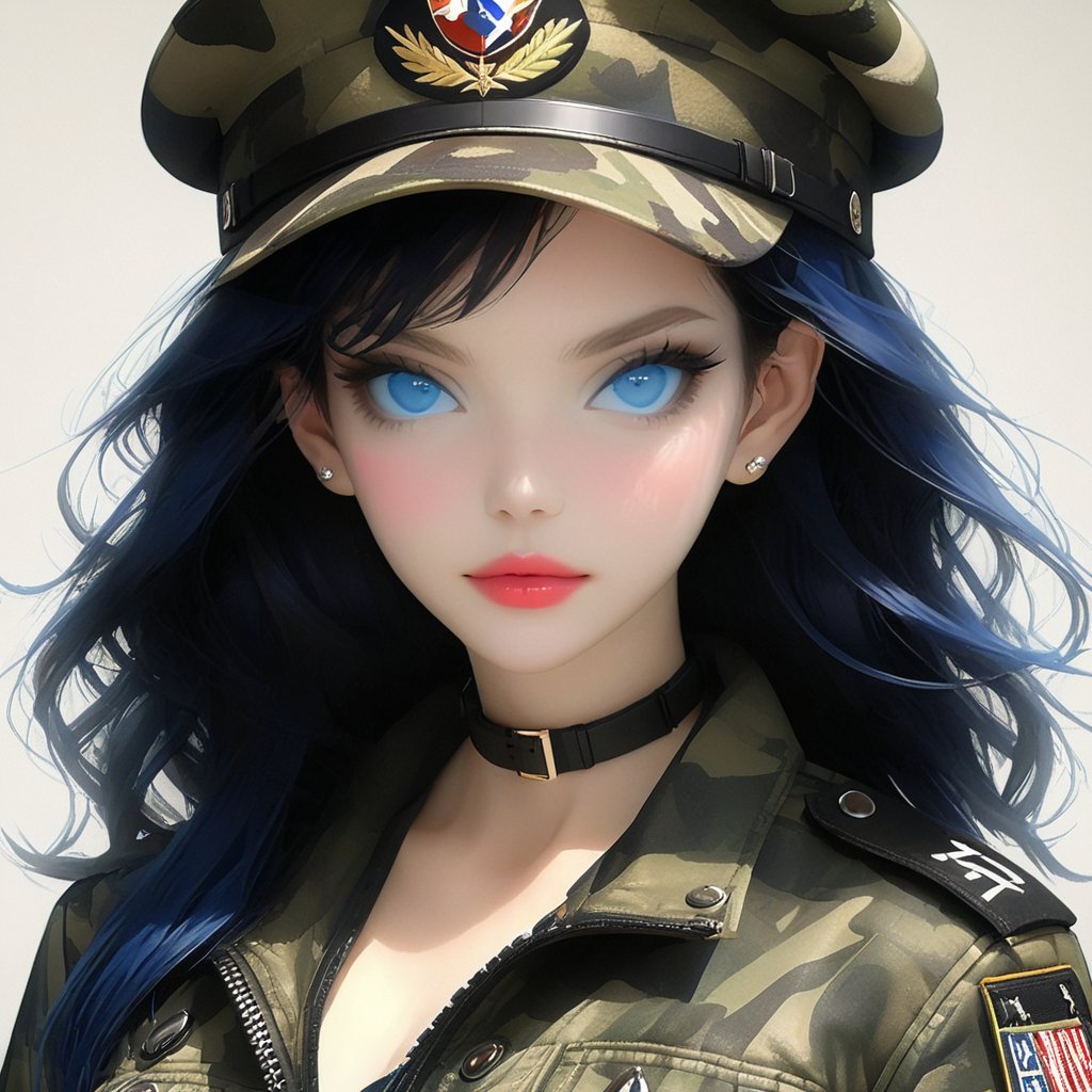 1girl, solo, (((looking at viewer, blue eyes, black hair, hat, jacket, upper body, lips, military, realistic, camouflage, camouflage jacket)))