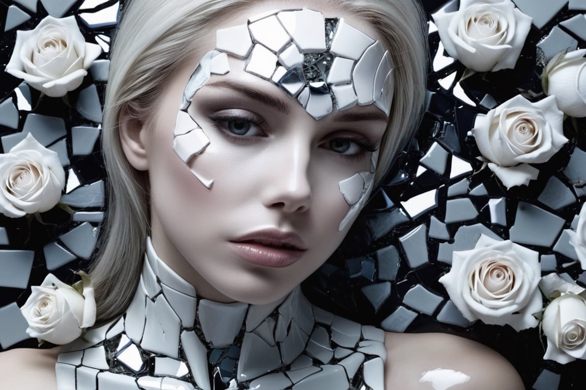 Death of a beautiful humanoid female, close up of a broken android, digital art, cracked porcelain face, futuristic look, captivating, close-up, skull, fragile, emotional, shatter into fragments, shattered glass, shattered pieces of a woman body, made of porcelain, broken, destroyed, abstract patterns, tile art, roses, portrait photography, cinematic, white and light gray, shallow depth of field