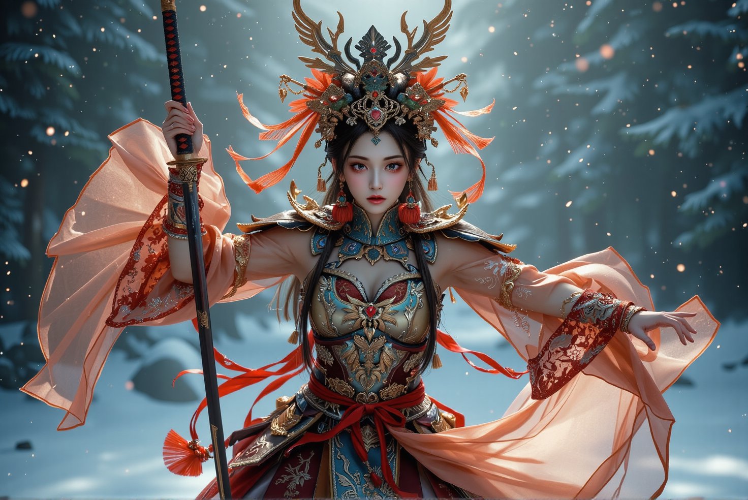 A Chinese girl in traditional Chinese dress dances a Samurai sword in the snow, full body,insane detail, intricate detail, beautifully graded colors, Unreal Engine 5, Cinematic, Color grading, Editorial photography, Photography, Photoshoot, Depth of field, DOF, Speed shutter speed 1/ 1000, F/ 22, White Balance, 32k, SuperRes, Megapixel, ProPhoto RGB, VR, Lonely, Good, Massive, Semi - Backlighting, Backlighting, Natural Lighting, Incandescent, Moody Lighting, Lighting Cinematic, Studio Lighting, Soft Lighting, Volumetric, Contre - Jour, Beautiful Lighting, Accent Lighting, Global Illumination, Screen Space Global Illumination, shadows, shimmering, ray tracing reflections, lumen reflections, screen space reflection Ion s, Diffraction Grading, Chromatic Aberration, GB Displacement, Scan Lines, Ray Tracing, Ray Tracing Ambient Occlusion, CGI, VFX, SFX, 8k, photography, wow, hellfire, ultra - realistic character inspired by Hua Mulant, with the character depicted in a upper waist pose, with confident facial expression, sheis wearing a full set of intricately cloth armor adorned with jewels and intricate engravings. The armor should reflect the true face of magic powers. The final image should be a fully rendered, ultra - realistic 8k resolution, upper waist angle,8k, SamuraiArt
