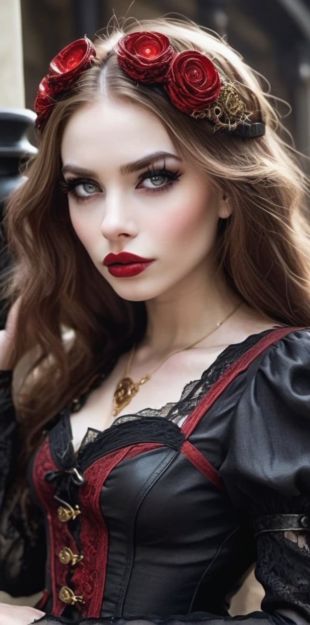 An enigmatic woman with pale skin and red-lipped anime eyes, dressed in a Gothic-inspired outfit with lace and leather details. She wears her long hair in a crimped style, held by a delicate gold clip, and carries a steampunk-inspired lantern,Gothic-chic style