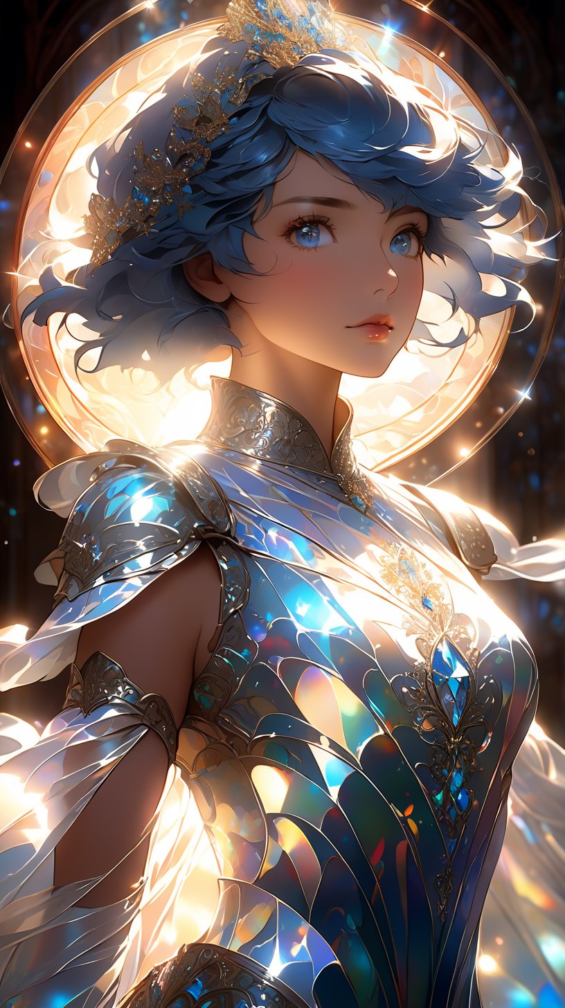 beautiful female warrior, short blue hair, shimmering jewels armor, in the style of Alfons Mucha, with emphasis on light play and the transparency of the glass, High and short depth of field, Ray tracing, FHD, hyper quality