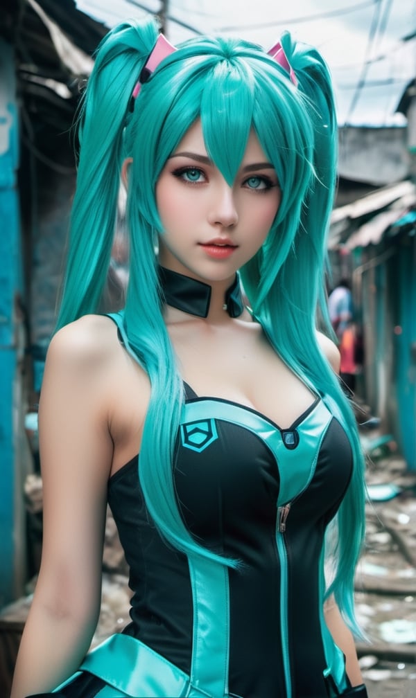 award winning professional outdoor cosplay photography,  model italian girl is wearing an authentic cosplay of Hatsune Mik...