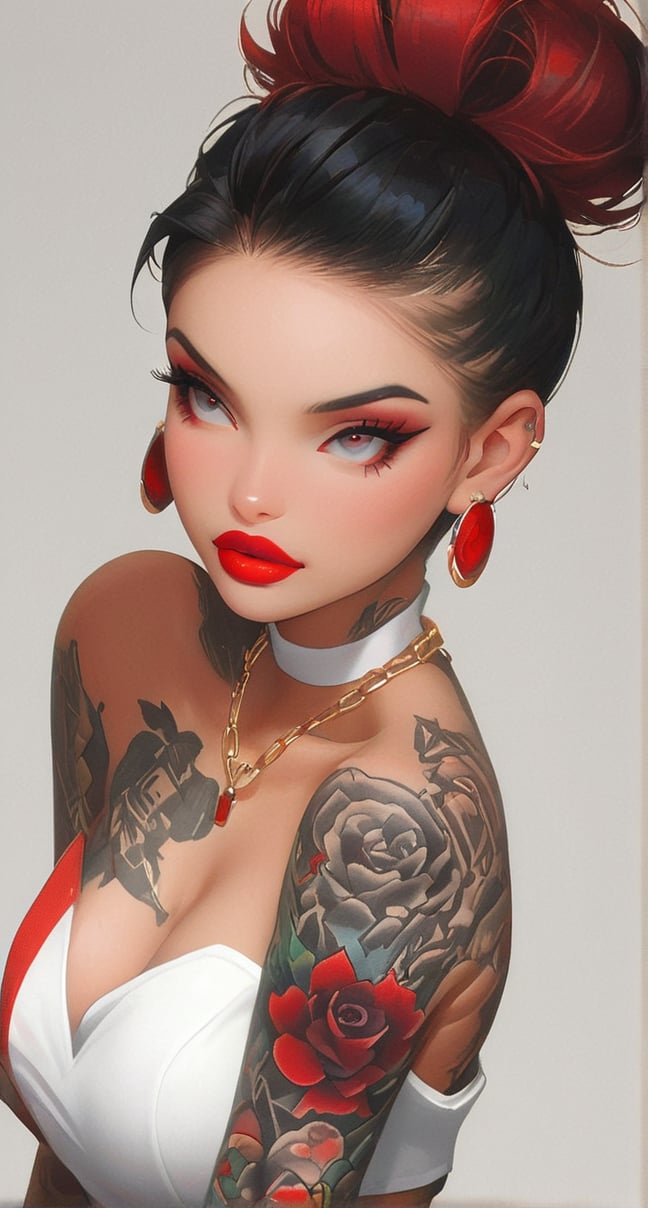 1girl, solo, (((breasts, large breasts, black hair, white background, cleavage, jewelry, closed eyes, earrings, shorts, necklace, off shoulder, hair bun, lips, blood, tattoo, makeup, black shorts, piercing, eyeshadow, red lips, arm tattoo, barcode)))