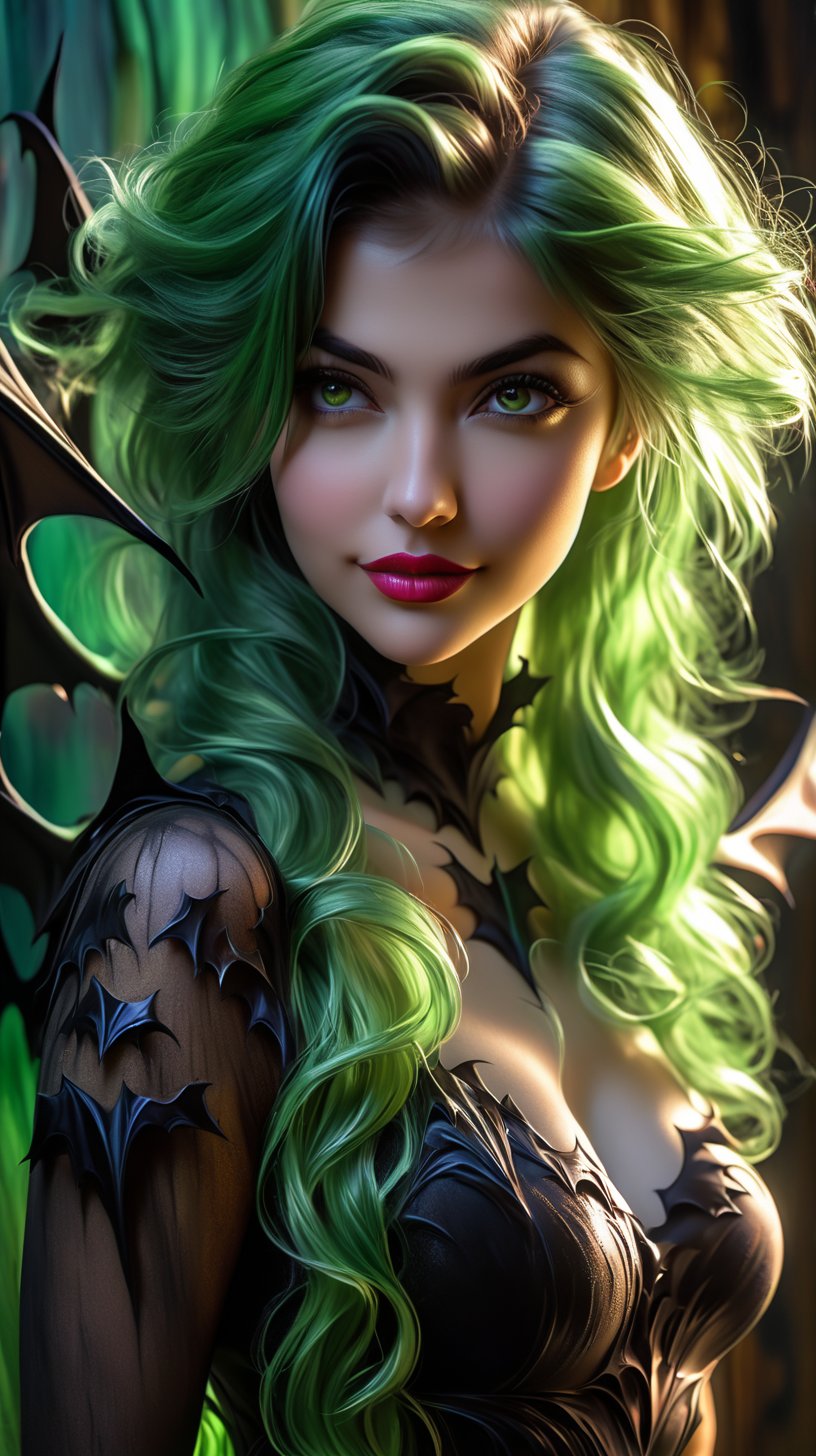 Realistic oil paint portrait of Morrigan Aensland, hot Body, Dynamic sensual pose, soft smile, long green hair, (((Bat wings))) , detailed skin Textures, intricate, detailed face, hyperrealistic, realistic light and shadows , ((cinematic lighting)) . Abstract paint background. Poetic, dramatic. 