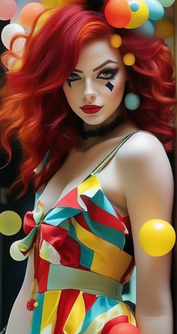 a woman dressed as a clown with red hair, in the style of magical girl, colorful moebius, light yellow and dark crimson, pencilsteampunk, kintsukuroi, loose and fluid, stylish costume design