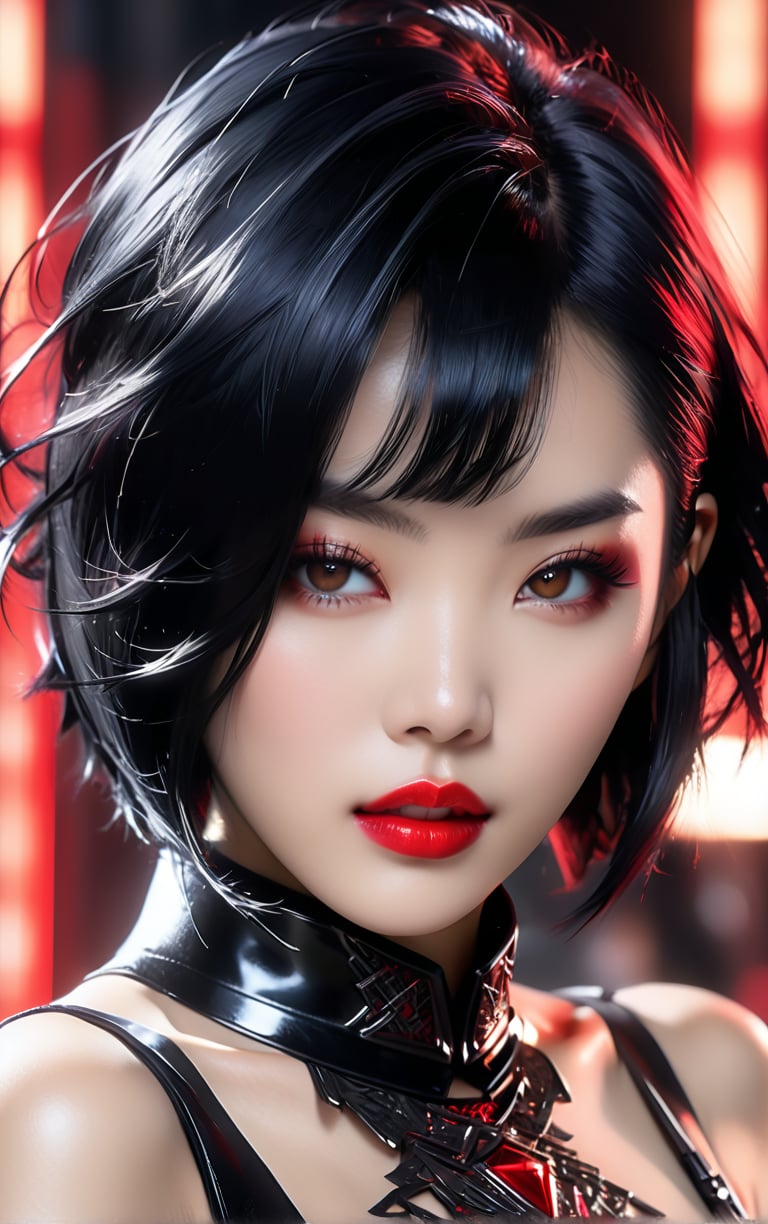 ((((Moa Kikuchi captured with crimson-hued lips, her hair styled into a sleek black bob a la Luis Royo, hyper-detailed close-up, trending on ArtStation aesthetic, sharp focus that draws the eye, studio portrait, highly detailed touch, ultra realistic, dramatic lighting.)))