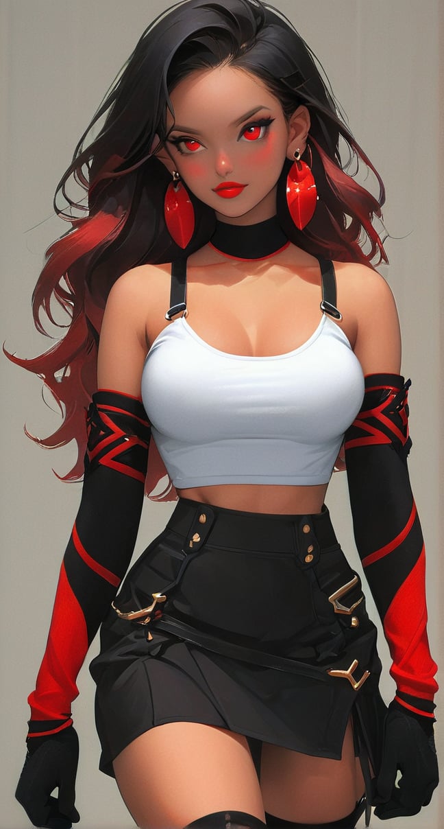 1girl, solo, (((long hair, breasts, looking at viewer, skirt, shirt, black hair, red eyes, gloves, bare shoulders, jewelry, cowboy shot, earrings, elbow gloves, midriff, looking back, miniskirt, fingerless gloves, black skirt, from behind, crop top, suspenders, tank top, low-tied long hair, suspender skirt, arm guards, white tank top, elbow pads)))