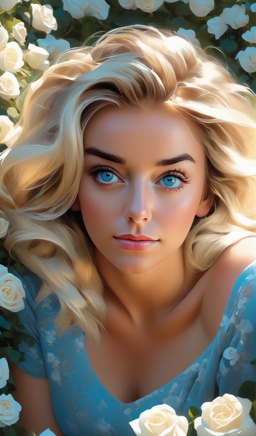Photorealistic half body portrait of Hyperrealistic character by Alena Aenami,  beautiful blond Woman,  lying in a garden...