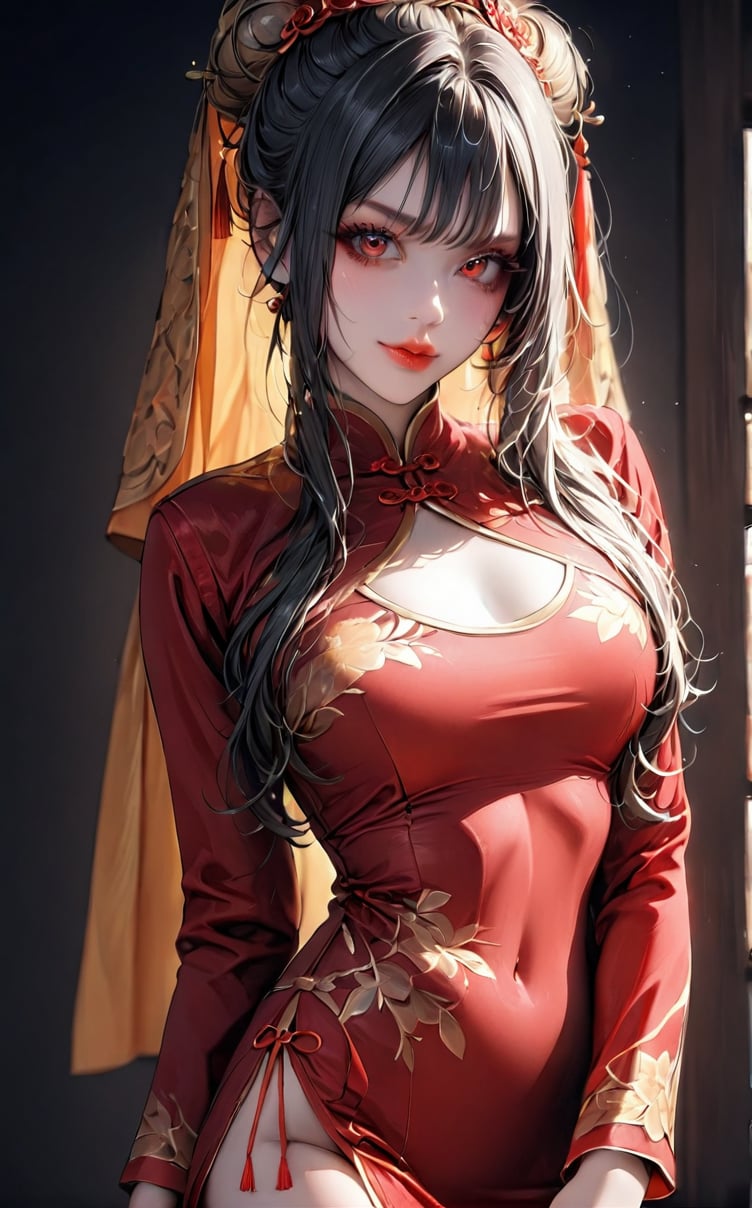 ((1solo)), ((1 girl)), ((cowboy shot)), ((masterpiece)), ((best quality)), ((beautiful detailed)), ((ultra-detailed)),orenge hair, red eyes, breasts ,traditional Vietnamese dress