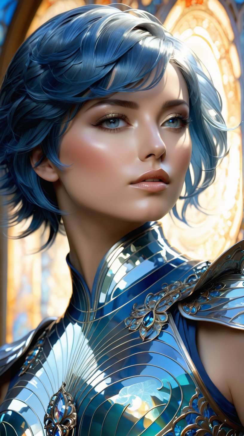 beautiful female warrior, short blue hair, shimmering jewels armor, in the style of Alfons Mucha, with emphasis on light play and the transparency of the glass, High and short depth of field, Ray tracing, FHD, hyper quality