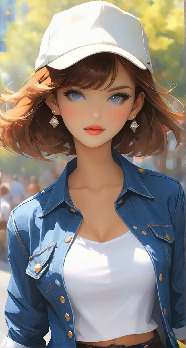 1girl, solo, (((breasts, looking at viewer, short hair, bangs, brown hair, shirt, long sleeves, hat, brown eyes, standing, jacket, cowboy shot, outdoors, open clothes, shorts, day, pants, blurry, lips, black shirt, blurry background, white jacket, denim, blue headwear, jeans,)))