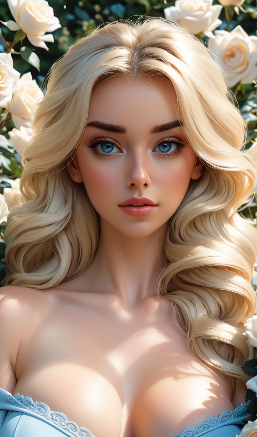 Photorealistic half body portrait of Hyperrealistic character by Alena Aenami,  beautiful blond Woman,  lying in a garden...