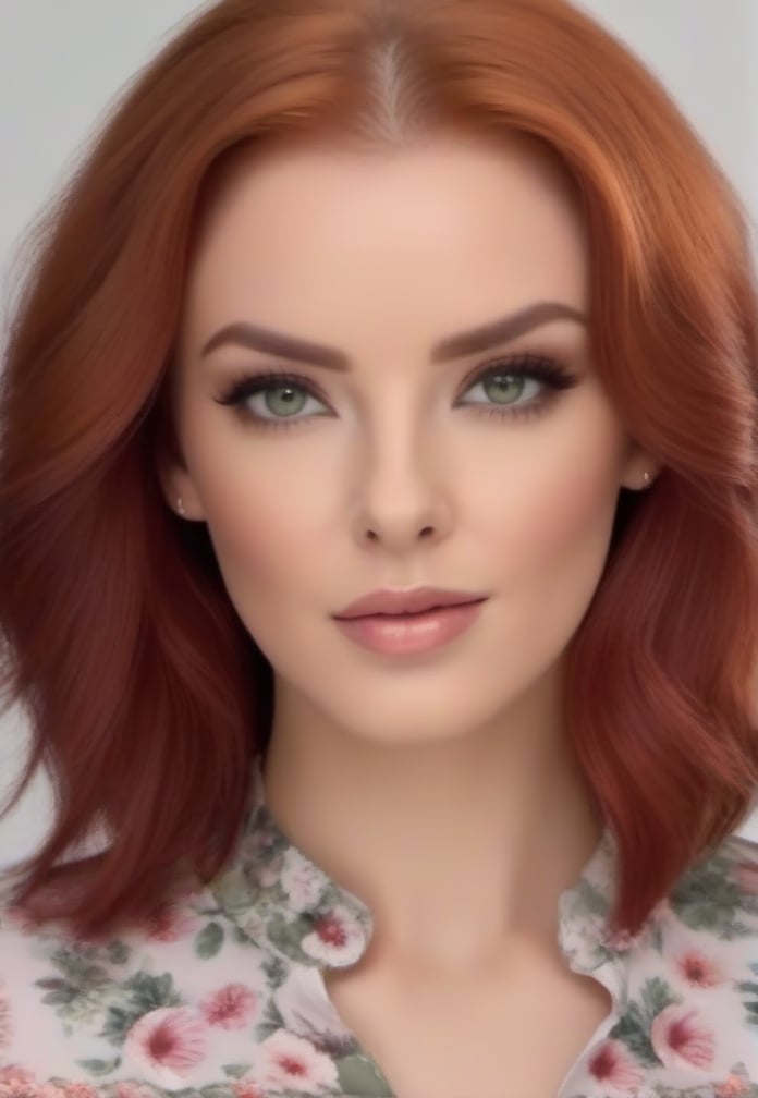 Bust portrait of a Caucasian woman with Red hair and gray eyes wearing Wearing a floral blouse In 8k