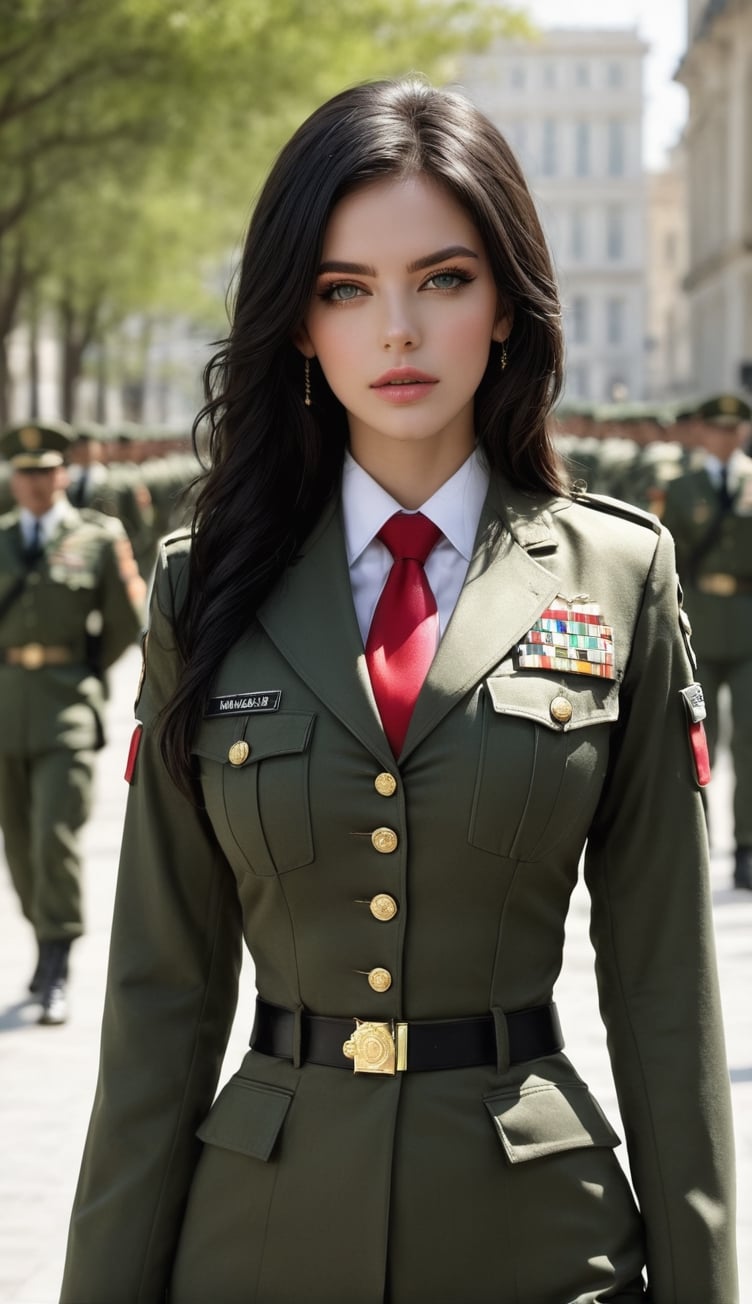 1girll, Female soldier,army suit,Dark green military uniform,Fabric texture: Armed police uniform,Pure white lining,Dark green tie,Black hair,the golden ratio,[:(com rosto detalhado:1.2):0.2]:,PureErosFace_V1, red flags,In the square,Splendid scenery,bright sun,upper body photos,Place your hands on your chest, high street