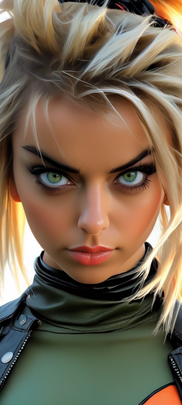 arafed woman with green eyes and a black leather jacket,  badass look,  sexy girl with green eyes by BooAImagery on Tensor...