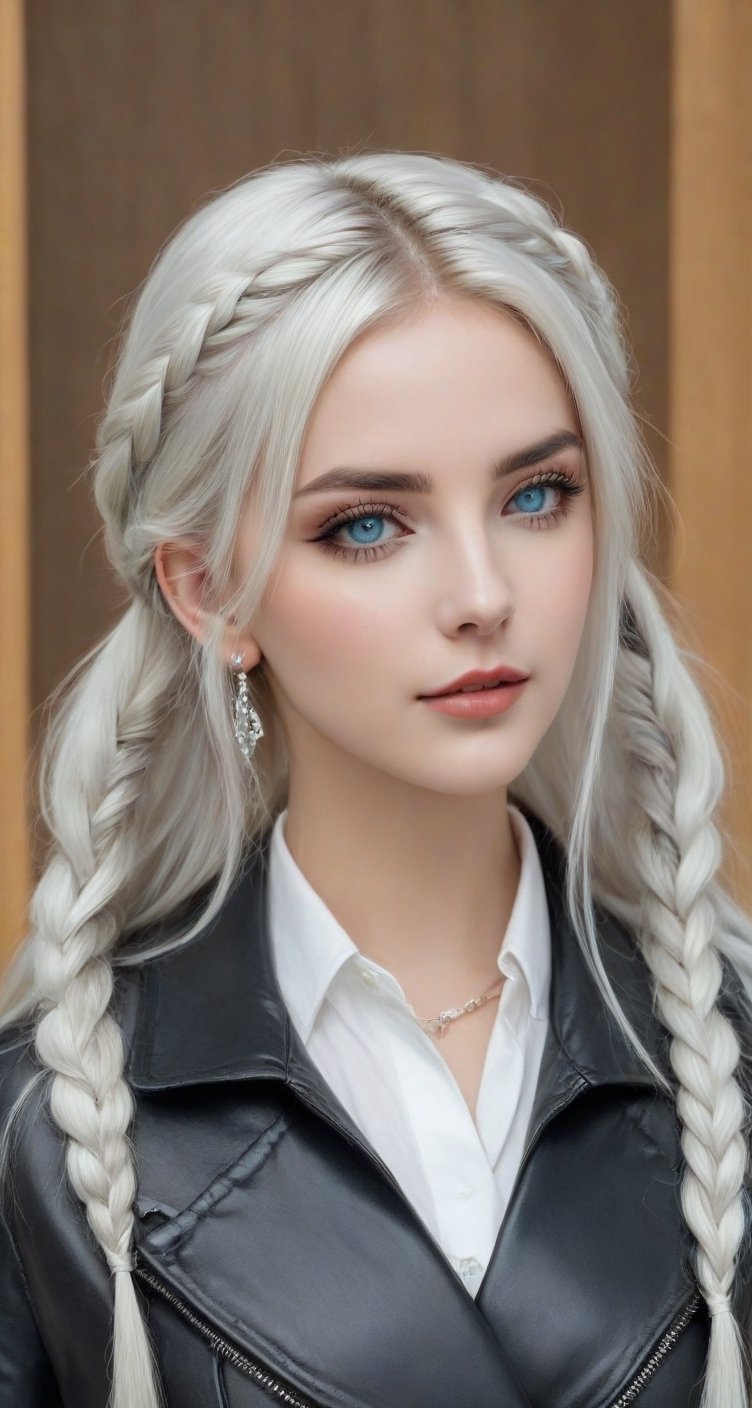 Generate hyper realistic image of a woman with long white hair,  twin braids cascading down her shoulders. She gazes at th...