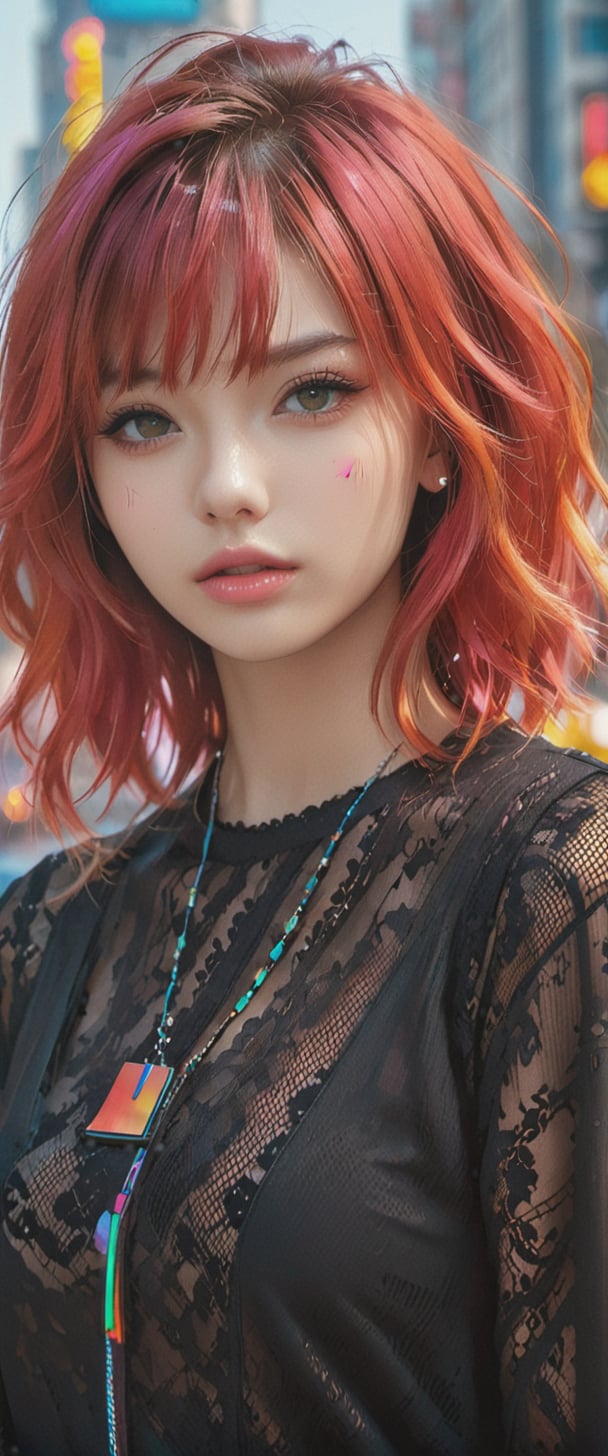 1girl, solo, looking at viewer, upper body, pink hair, red hair, multicolored hair, blurry, lips, building, city, realistic