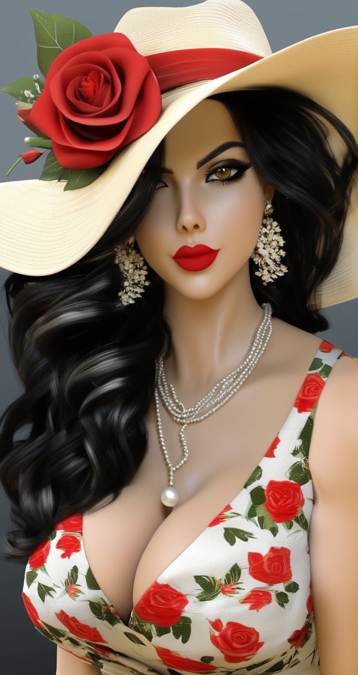 1girl, hat, solo, black flower, yellow eyes, sun hat, breasts, jewelry, black rose, flower, necklace, dress, black hair, looking at viewer, cleavage, black headwear, makeup, grey background, pale skin, red lips, lipstick, short hair, simple background, earrings, pearl necklace, large breasts, mature female, upper body, rose
