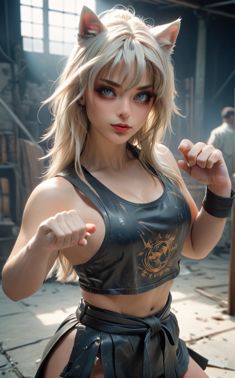 A 1990s anime screencap of a sexy female warrior posing in a karate stance. Half smile. Post-apocalyptic theme. Highly detailed. Cluttered maximalism. Close-up shot. Super wide angle, High angle. Kemonomimi. Soft lighting wraps around her face. Porcelain complexion.
