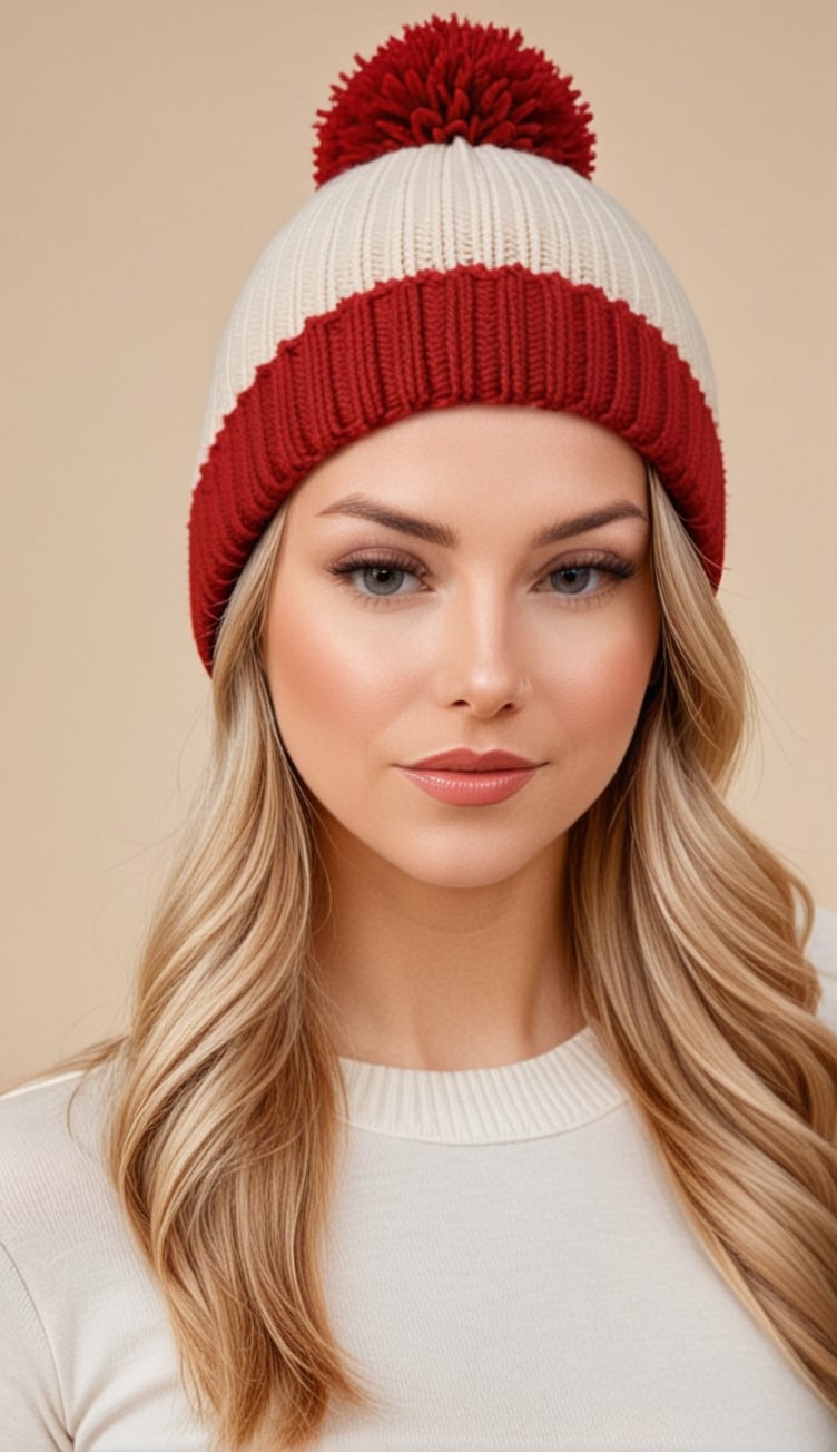 A woman in a knitted hat with a pom pom, white and beige (((red border color)))