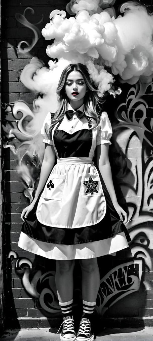 1girl, solo, long hair, breasts, dress, cleavage, (((Alice in Wonderland))) jewelry, medium breasts, monochrome, closed eyes, greyscale, ((converse shoes))), socks, apron, hand on hip, maid, makeup, sneakers, smoke, spot color, (((smoking weed))) Grafitti in the wall