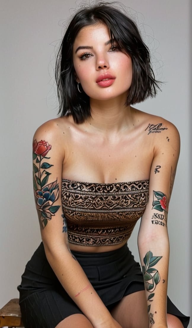 1girl, solo, breasts, short hair, skirt, simple background, black hair, white background, bare shoulders, brown eyes, medium breasts, sitting, parted lips, lips, strapless, tattoo, realistic, tube top, arm tattoo