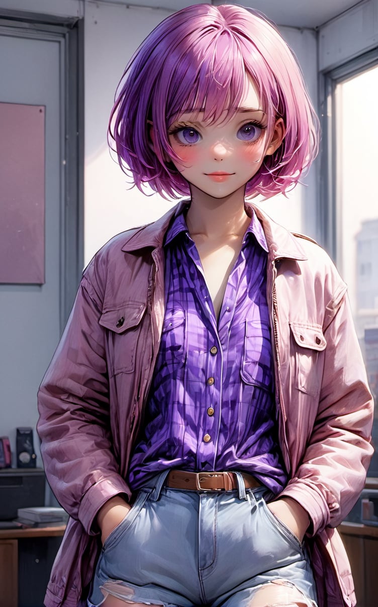 masterpiece, best quality, ultra-detailed, beautiful, nai3, aesthetic, 1girl, solo, taoqi-ww, purple eyes,pink hair,short hair,hair ornament,hair over one eye, long locks, sidelocks, smile, blush, brown jacket, gingham shirt, pants, beret, 