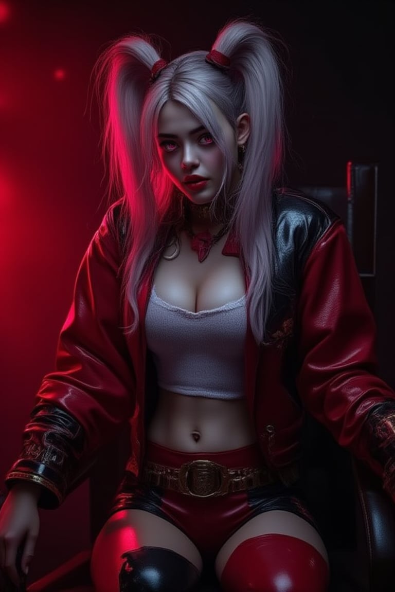 Photorealistic image of a chubbysexy woman Harley Quinn seated in a chair straight to the camera with silky,  straight hai...