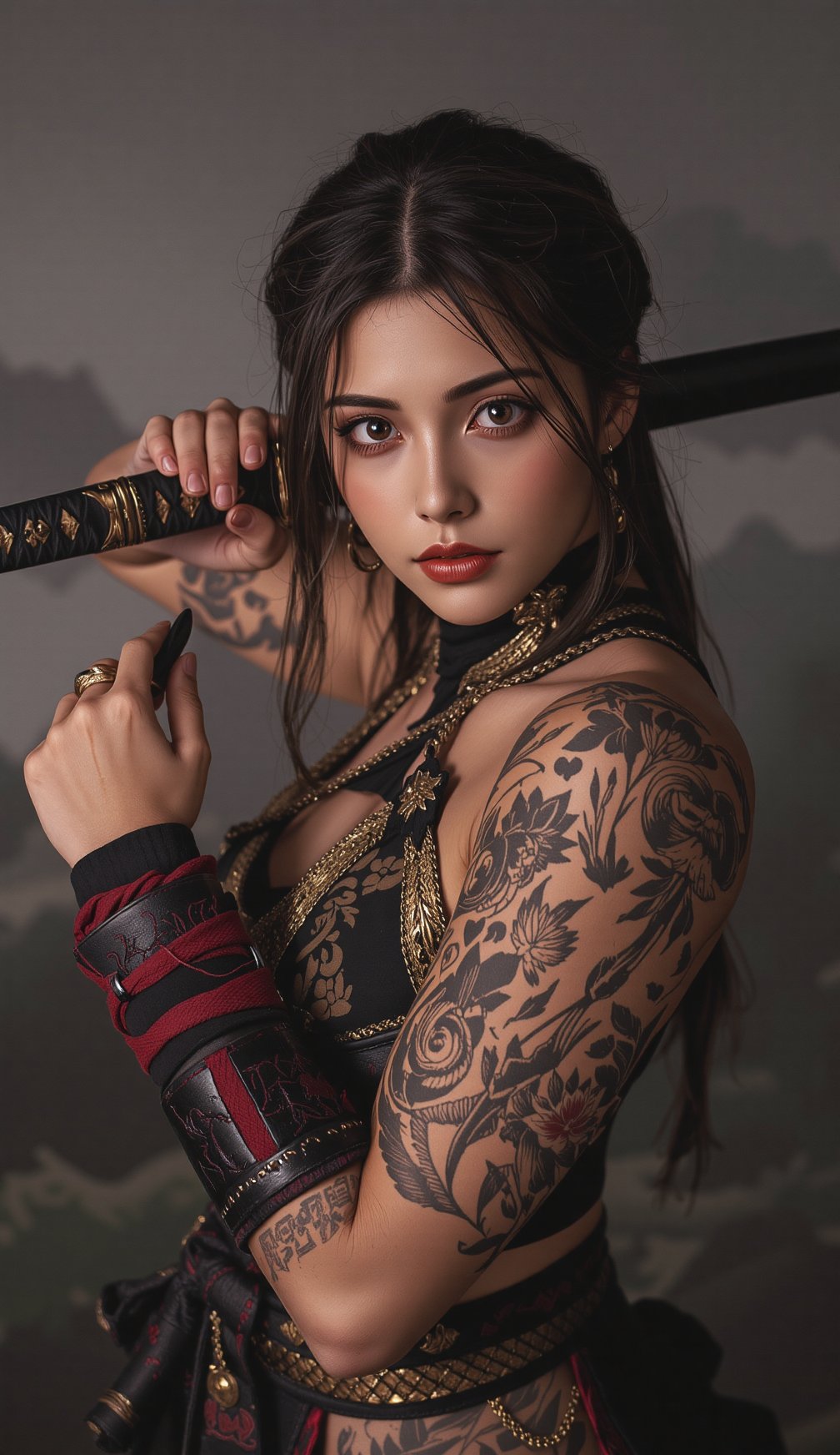 arafed woman holding a sword in her hand and a tattoo on her arm, she is holding a katana sword, holding a sword on her shoulder, she is holding a sword, a beautiful woman warrior, female samurai, warrior woman, beautiful female warrior, oriental tattoos, warrior girl, katana, portrait shot, portrait of a woman warrior, beautiful oriental woman , SamuraiArt,aidmaMJ6.1