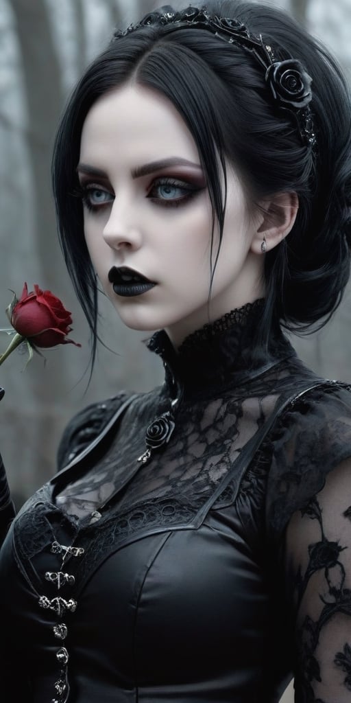 Highy detailed image, cinematic shot, (bright and intense:1.2), wide shot, perfect centralization, side view, dynamic pose, crisp, defined, HQ, detailed, HD, dynamic light & pose, motion, moody, intricate, 1girl, (((goth))) holding a black rose, attractive, clear facial expression, perfect hands, emotional, hyperrealistic inspired by necronomicon art, my baby just cares for me, fantasy horror art, photorealistic dark concept art
,goth person