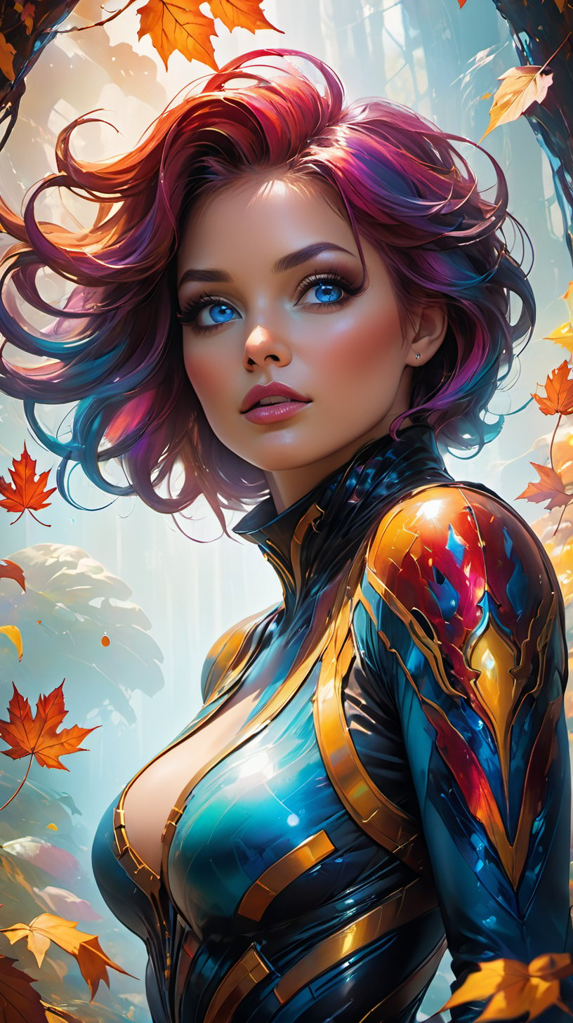 beautiful angle view of Species woman individual from another planet with multicolored hair, beautiful colorful eyes, run in autumn garden, breeze at dawn, alcohol ink painting, psychedelic art by Ross Tran, Antonio J. Manzanedo, Tom Bagshaw, mandy disher, cinematic, 32k, stills from Steven Spielberg epic film, clear focus, hyperrealistic repin artstation painting, detailed character design concept art, matte painting