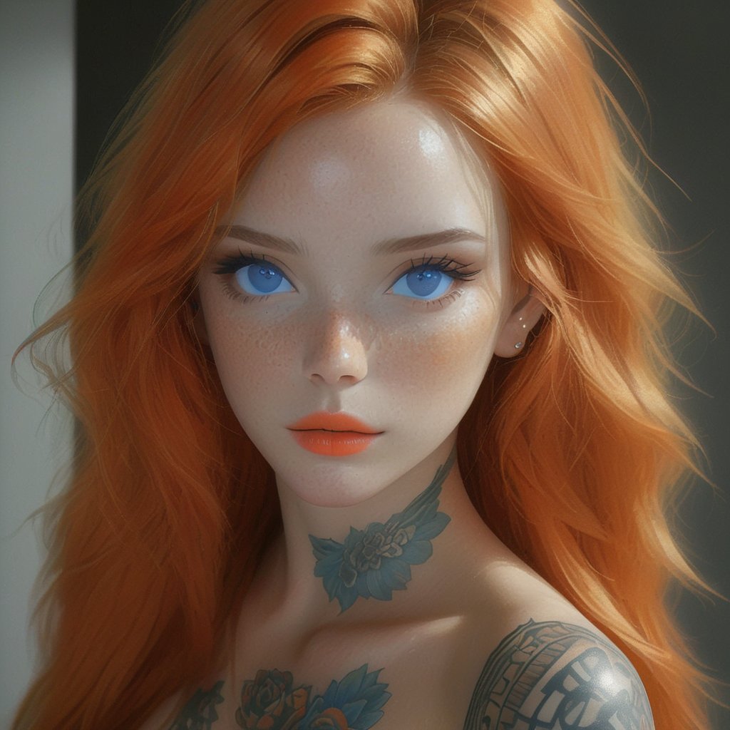 1girl, solo, (((long hair, looking at viewer, blue eyes, nude, indoors, orange hair, lips, tattoo, freckles, realistic)))