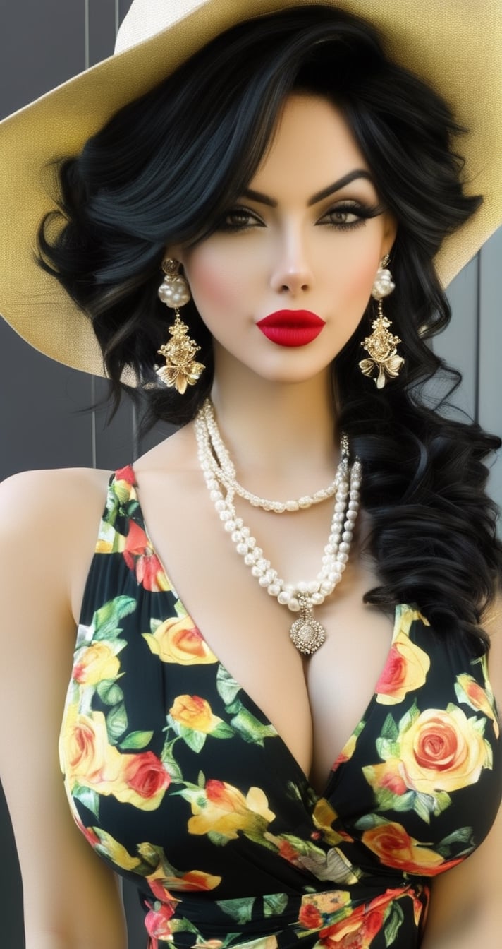 1girl, hat, solo, black flower, yellow eyes, sun hat, breasts, jewelry, black rose, flower, necklace, dress, black hair, looking at viewer, cleavage, black headwear, makeup, grey background, pale skin, red lips, lipstick, short hair, simple background, earrings, pearl necklace, large breasts, mature female, upper body, rose
