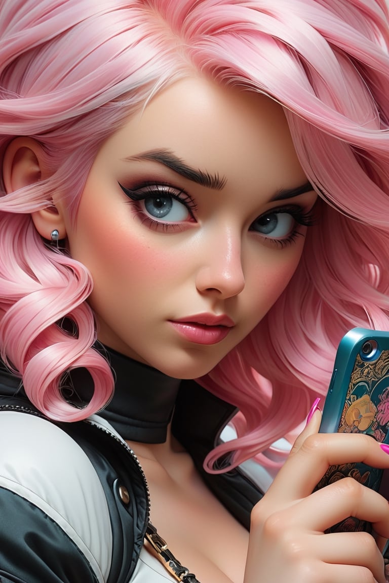 a close up of a woman with pink hair holding a cell phone,  artgerm and james jean,  artgerm detailed by BooAImagery on Te...